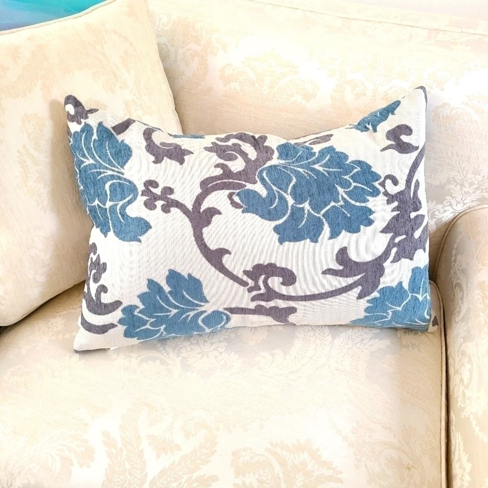 Beautiful Down Floral Throw Pillow, Blue and Grey, Measurements in Listing